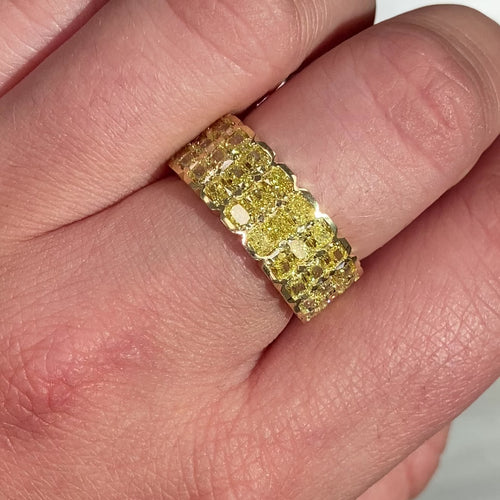 Invisible set yellow diamond ring, elongated radiant diamonds, fancy intense yellow, canary diamond ring, half eternity band set east west, rare diamond ring, gold half eternity band