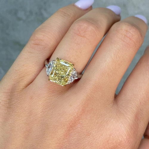 5.02ct Fancy Yellow Elongated Radiant Cut Diamond Three Stone Engagement Ring