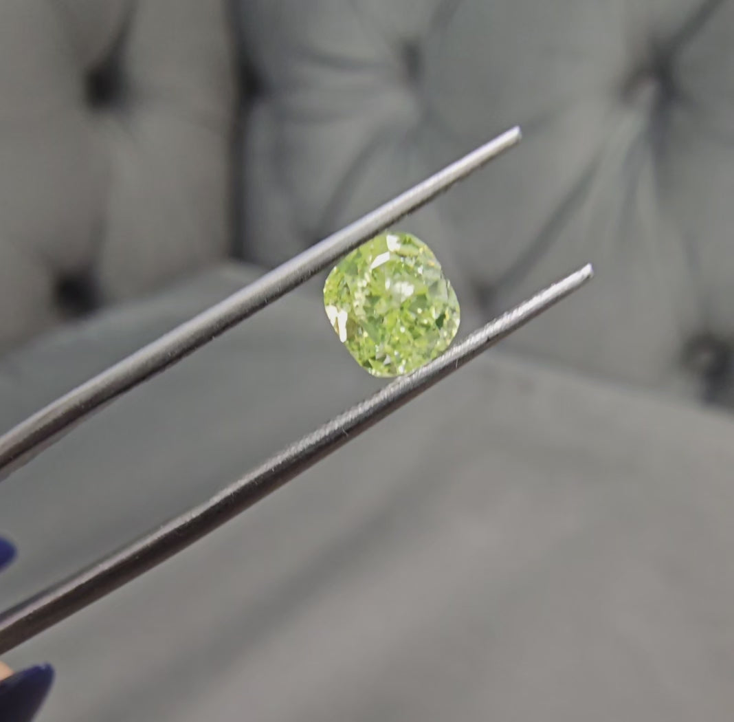 1.03 Carat Fancy Intense Yellow-Green Color An exceptional LIME green color Strong Green Fluorescence - Ultra Rare! Cushion Cut Diamond I1 Clarity - Eye Clean GIA Certified Diamond