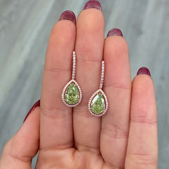 Natural green diamond earrings in a halo, diamond drop earrings with a beautiful green color