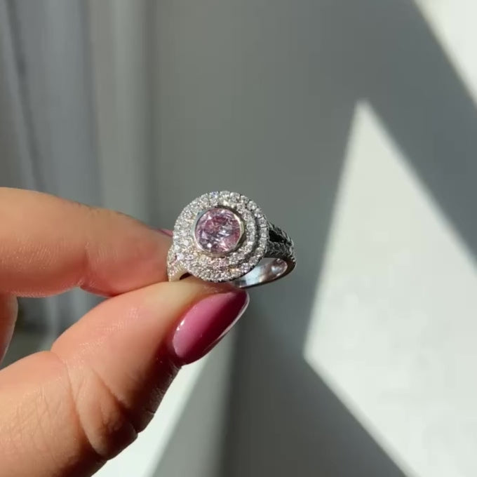 1.04 Carat Light Pink Round Diamond 0.87 Carats of Surrounding White Diamonds I3 Clarity Handmade 18k Rose Gold and White Gold