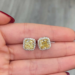 6.5ct Fancy Yellow Cushion Halo Diamond Stud Earring