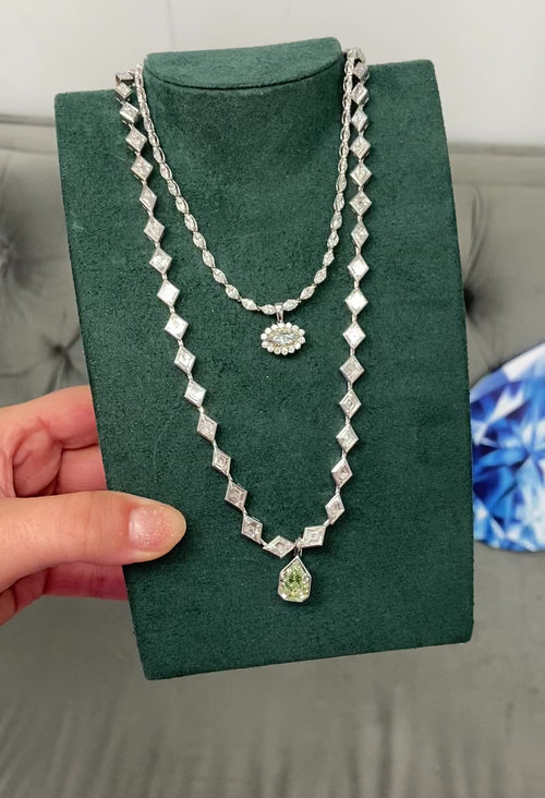Lozenge Cut Diamond Bezel Necklace with Detachable Green Diamond Charm