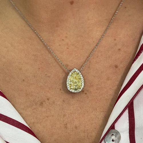 3.51ct Yellow Pear Shape with White Halo Diamond Pendant Necklace