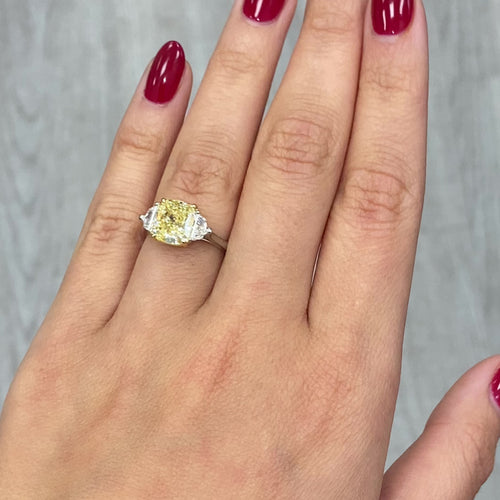 3 Carat Fancy Yellow VVS1 Cushion Diamond 3 Stone Ring, unique engagement ring style