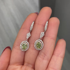 Natural green diamond earrings, in a white diamond double halo, natural jennifer lopez inspired green diamond jewelry