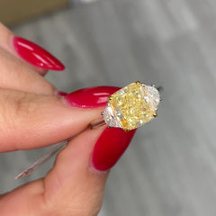 3.03 Carat Center Fancy Yellow Cushion Cut Center VS2 Clarity 0.33 Carat F Half Moons GIA Certified Diamond Crafted in Platinum and 18k Yellow Gold Handmade in NYC