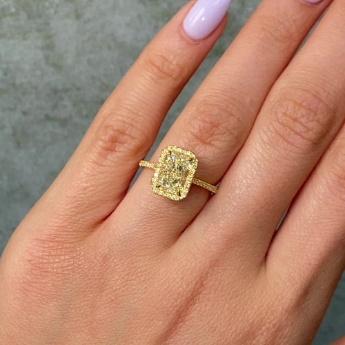 2.01 Carat All Yellow Halo Elongated Radiant Cut Diamond Engagement Ring
