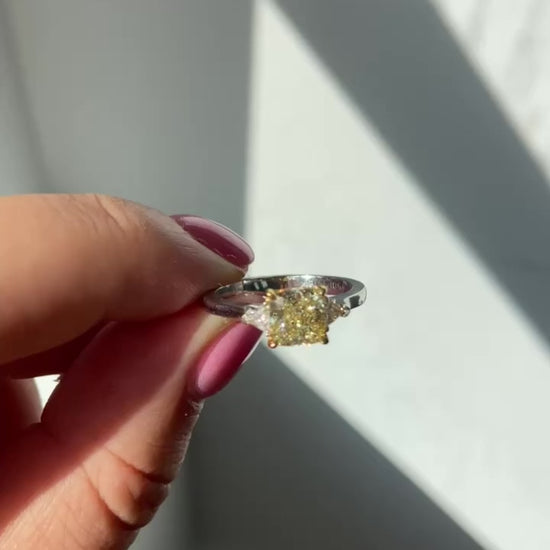 yellow diamond three stone ring, three stone engagement ring, yellow diamond ring