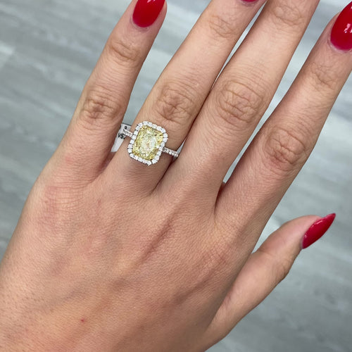 3.31 Carat Light Yellow (W-X) VS2 Clarity Radiant Cut Diamond 0.44 Carats of White Rounds GIA Certified Diamond Crafted in Platinum and 18k Yellow Gold Handmade in NYC