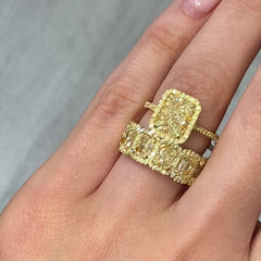 Yellow Diamond Halo Half Eternity Band with radiant cut diamonds, VS-VVS clarity.