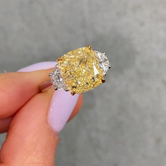 6.02ct Fancy Yellow Cushion Cut Diamond Three Stone Engagement Ring