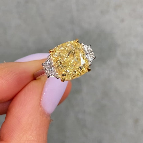 6.02ct Fancy Yellow Cushion Cut Diamond Three Stone Engagement Ring