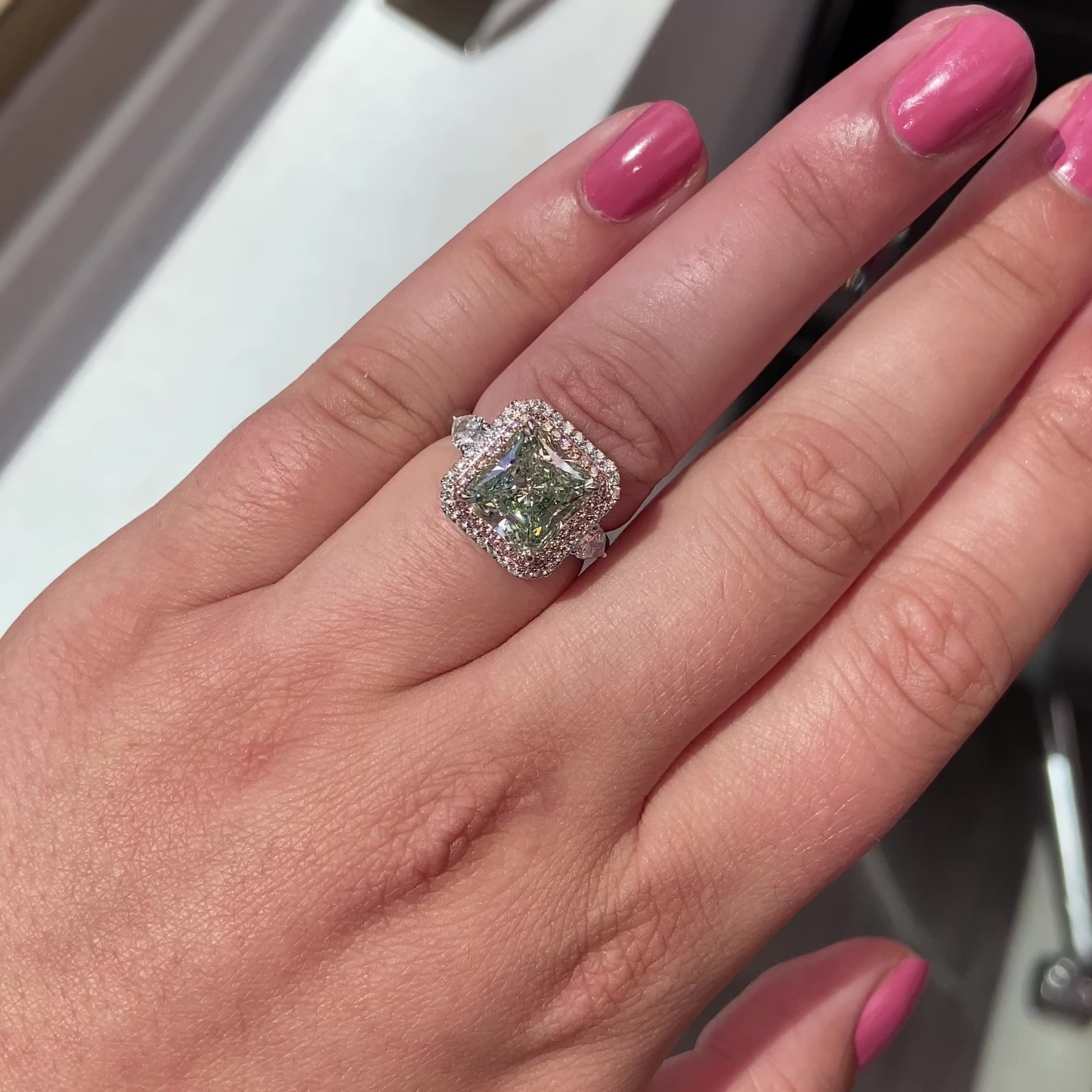 4 Carat GIA Green Radiant Diamond Ring