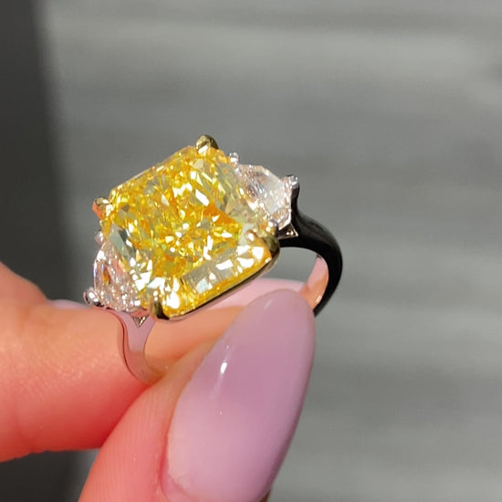 6.57 Carat Center Diamond GIA Fancy Intense Yellow Radiant Cut Diamond SI1 Clarity Excellent, Good Cutting 0.71 Carat E VS1 Epaulettes Handmade in NYC Set in 18k & Platinum