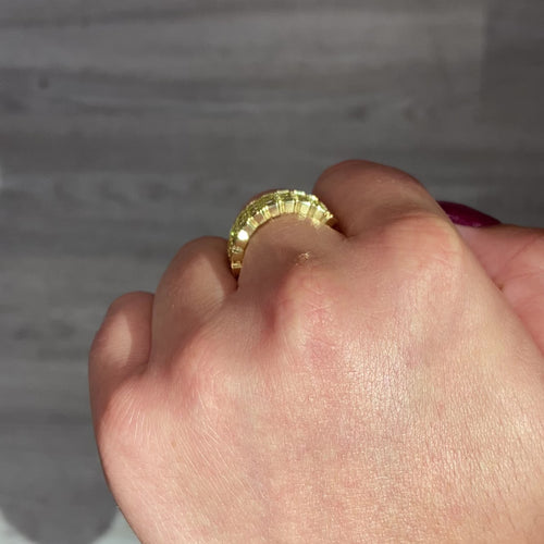 Invisible set yellow diamond ring, elongated radiant diamonds, fancy intense yellow, canary diamond ring, half eternity band set east west, rare diamond ring, gold half eternity band