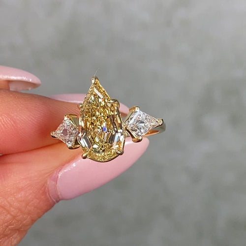 4 Carat Step Cut Pear Shape Champagne Diamond Three Stone Ring