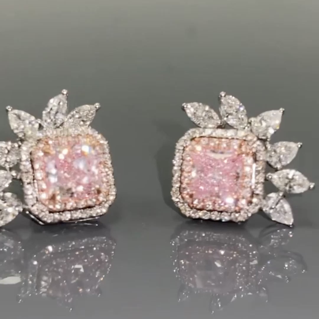 4 carat GIA Radiant Cut Pink Diamond Earrings + Studs