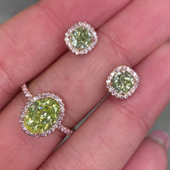 Green diamond earrings, fancy yellow green diamond surrounded by fancy pink diamond halo