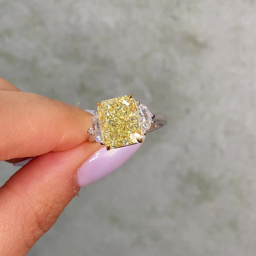 5.02ct Fancy Yellow Elongated Radiant Cut Diamond Three Stone Engagement Ring