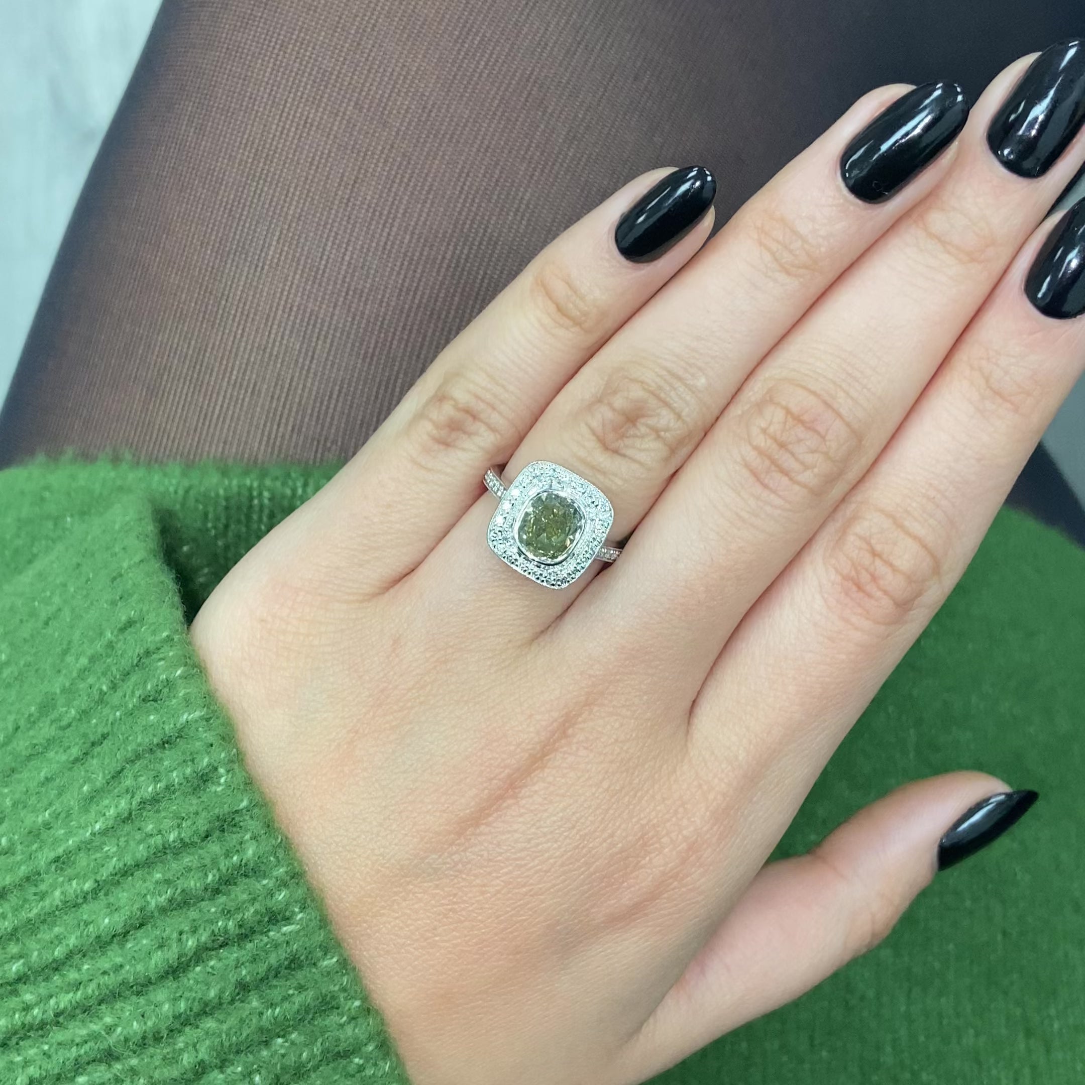 2 Carat Green and White Diamond Ring