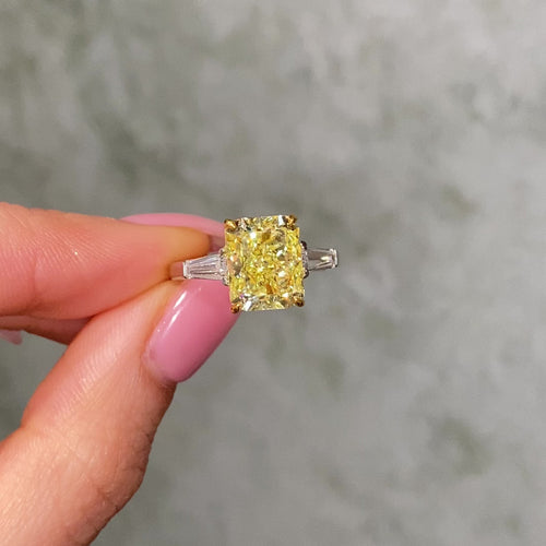 4 Carat Fancy Intense Yellow Elongated Radiant Diamond Engagement Ring
