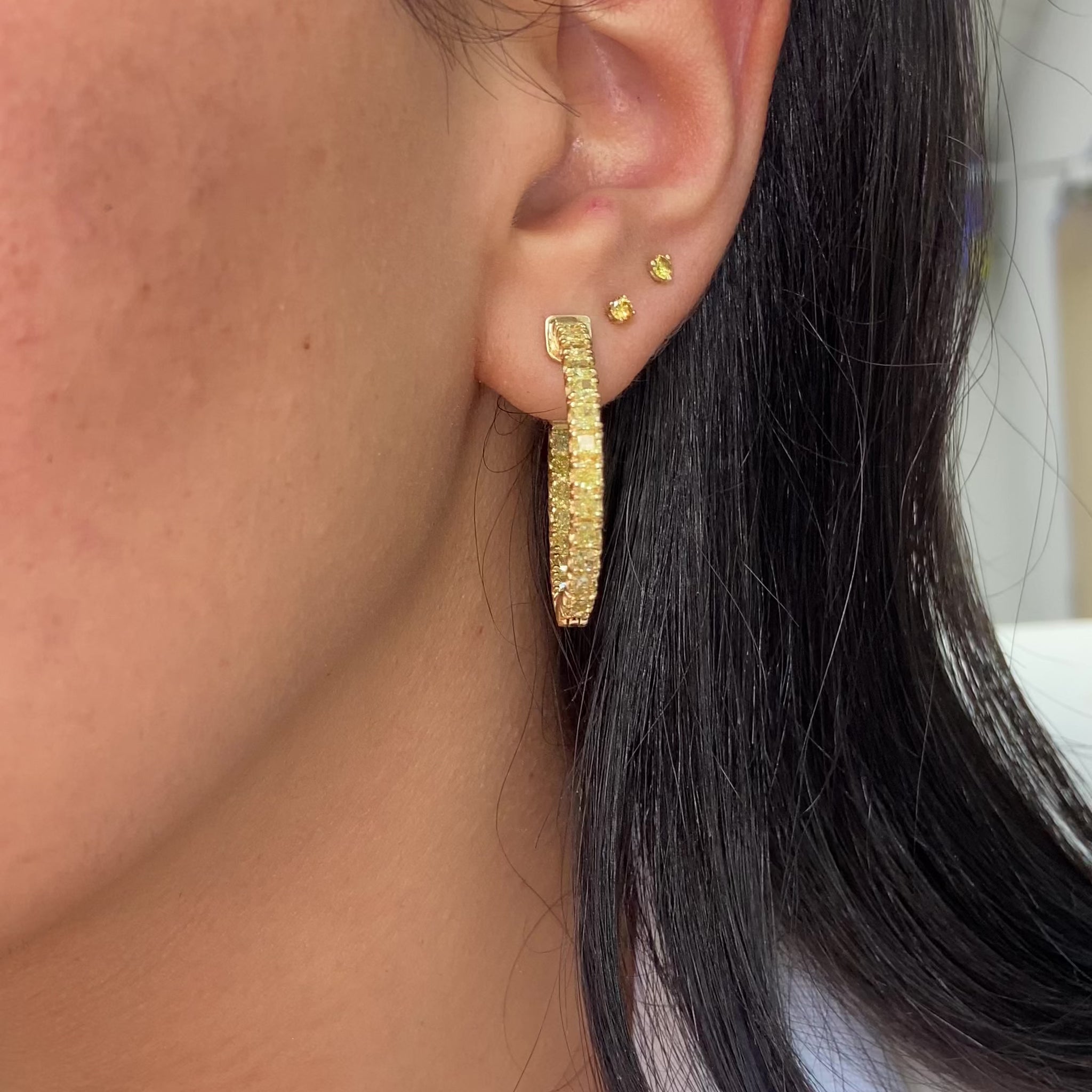 natural yellow diamond hoop earrings, canary diamond hoops, intense yellow diamonds