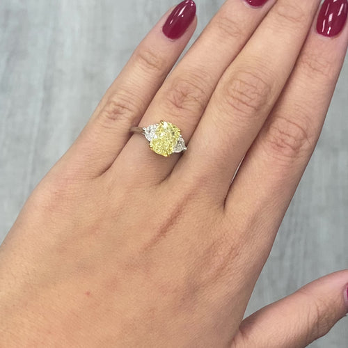 Yellow diamond engagement ring, unique elongated cushion cut diamond three stone ring, canary diamond ring