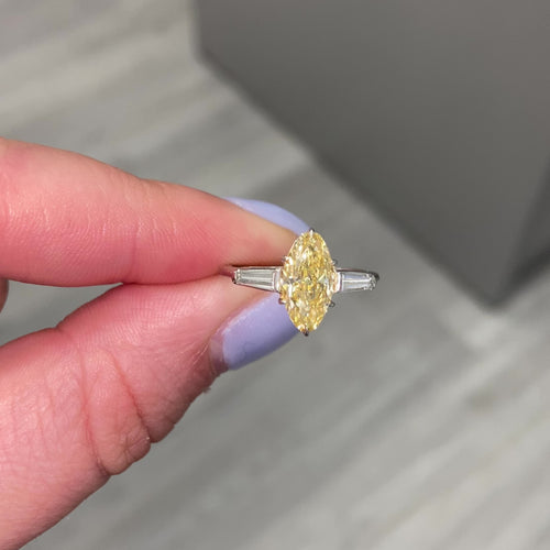 1.40 Carat Fancy Light Yellow Diamond Marquise Cut Diamond Tapered Baguette Side Diamonds VS1 Clarity GIA Certified Diamond Set in Platinum & 18K Gold Handmade in NYC