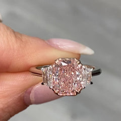 Elegant Brown-Pink Elongated Radiant Diamond Engagement Ring, Three Stone, GIA Certified, VS1 clarity.