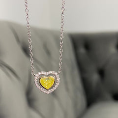 Neon Green Diamond Heart Shape Pendant necklace with white diamond haloi