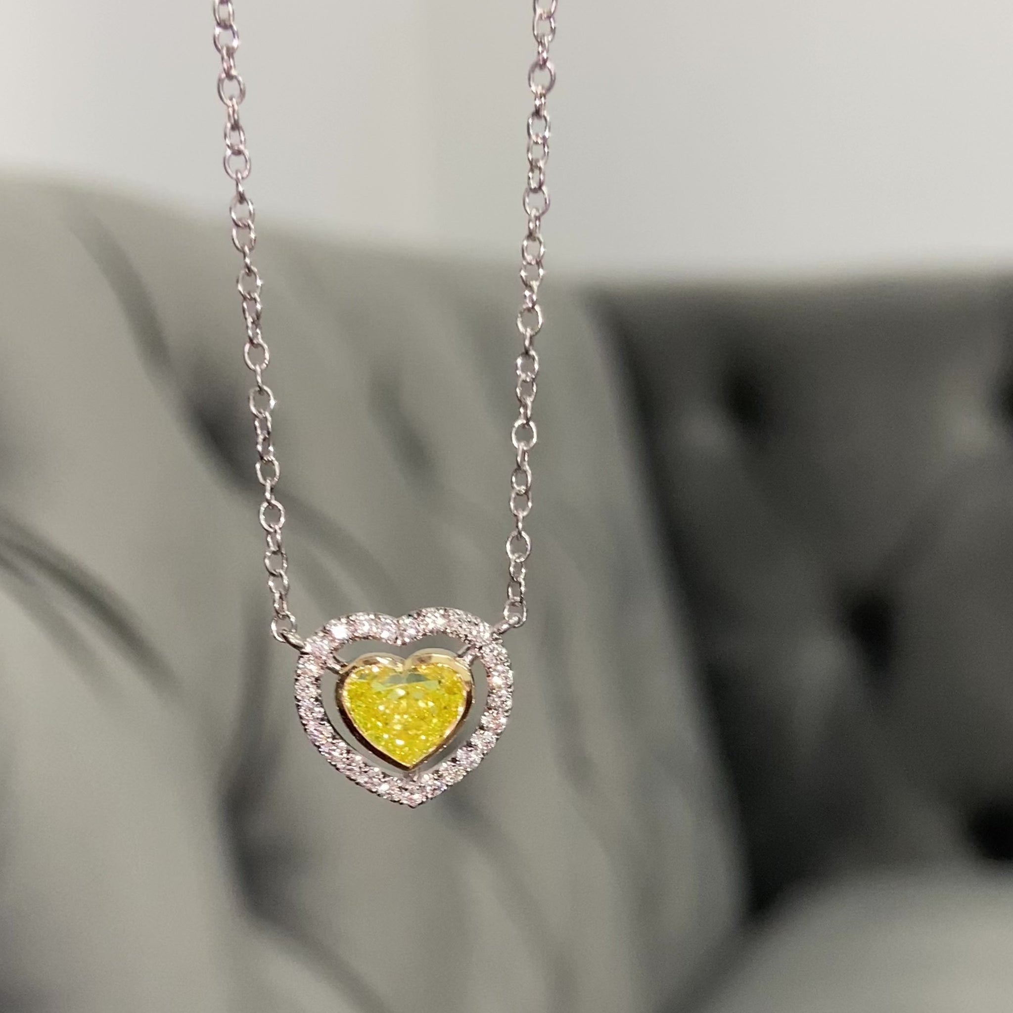 Neon Green Diamond Heart Shape Pendant necklace with white diamond haloi