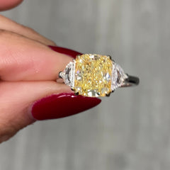 3 Carat Fancy Yellow VVS1 Cushion Diamond 3 Stone Ring, unique engagement ring style