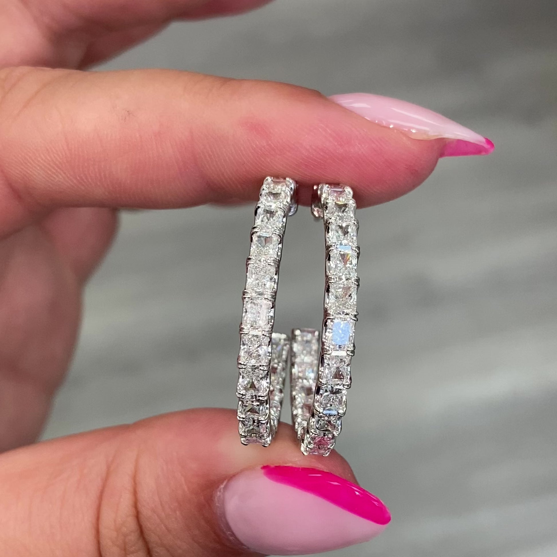 white diamond hoops, white radiant diamond hoops, white radiant diamonds, white diamond earrings, white diamond jewelry