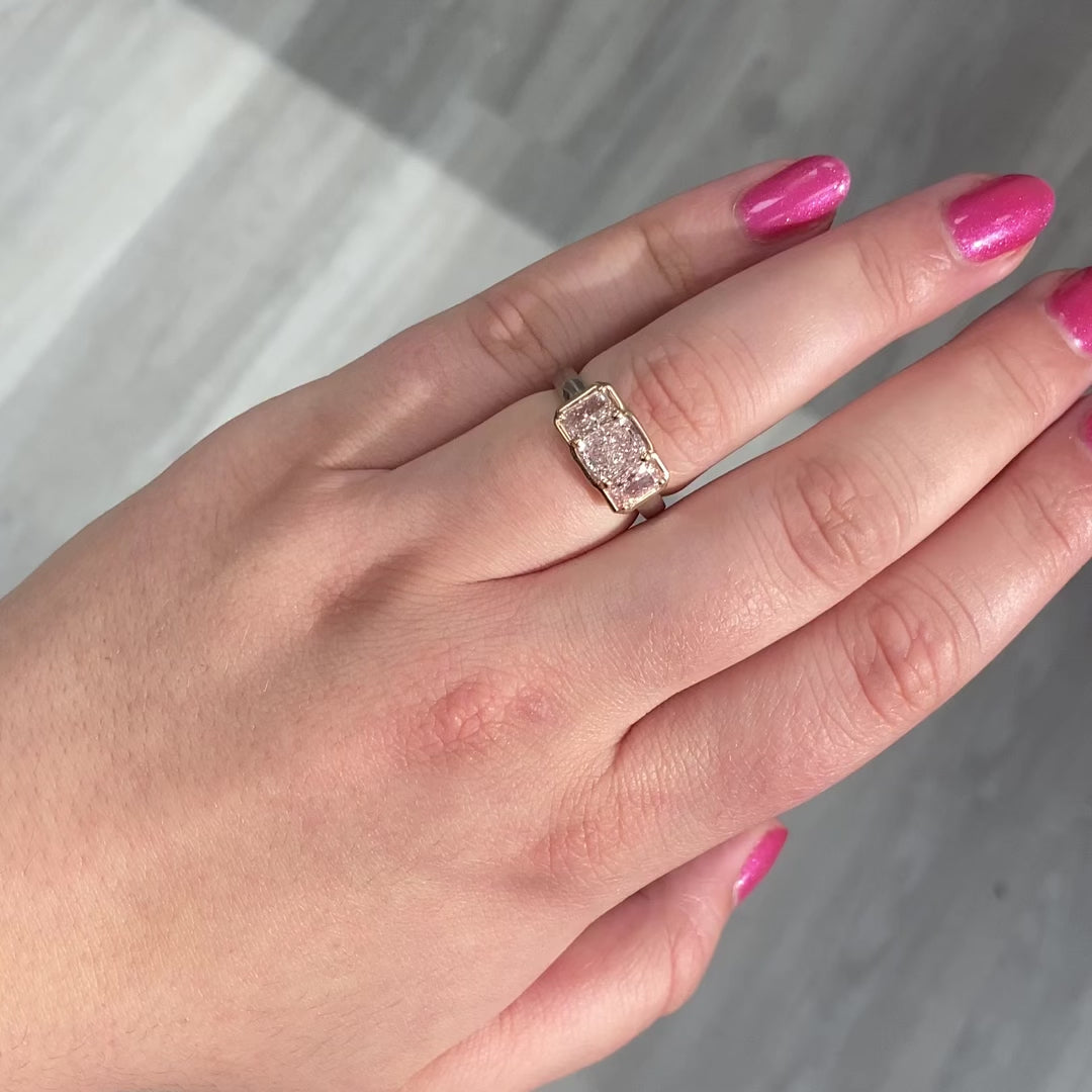 Light Pink Elongated Radiant Cut Diamond Three Stone Ring