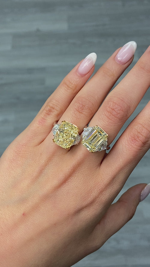 Yellow emerald cut diamond ring with exceptional brilliance, excellent cutting, and VS2 clarity.