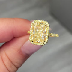 5ct Light Yellow Elongated Radiant Yellow Halo Diamond Engagement Ring