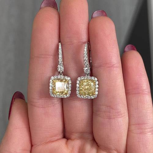 5ct Fancy Yellow VS2 Cushion Drop halo Earrings