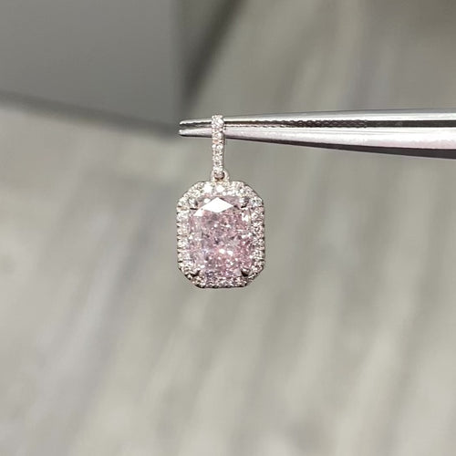 Unique Pink diamond pendant necklace with a cushion-cut halo, featuring a delicate pear-shaped center stone with SI2 clarity.