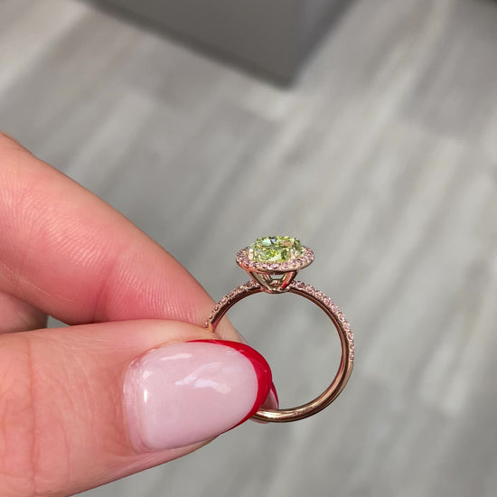 oval cut diamond, natural green diamond, unique green diamond engagement ring in pink diamond halo