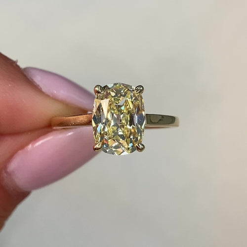 2.73ct Fancy Light Yellow Old Mine Cushion Cut Diamond Ring