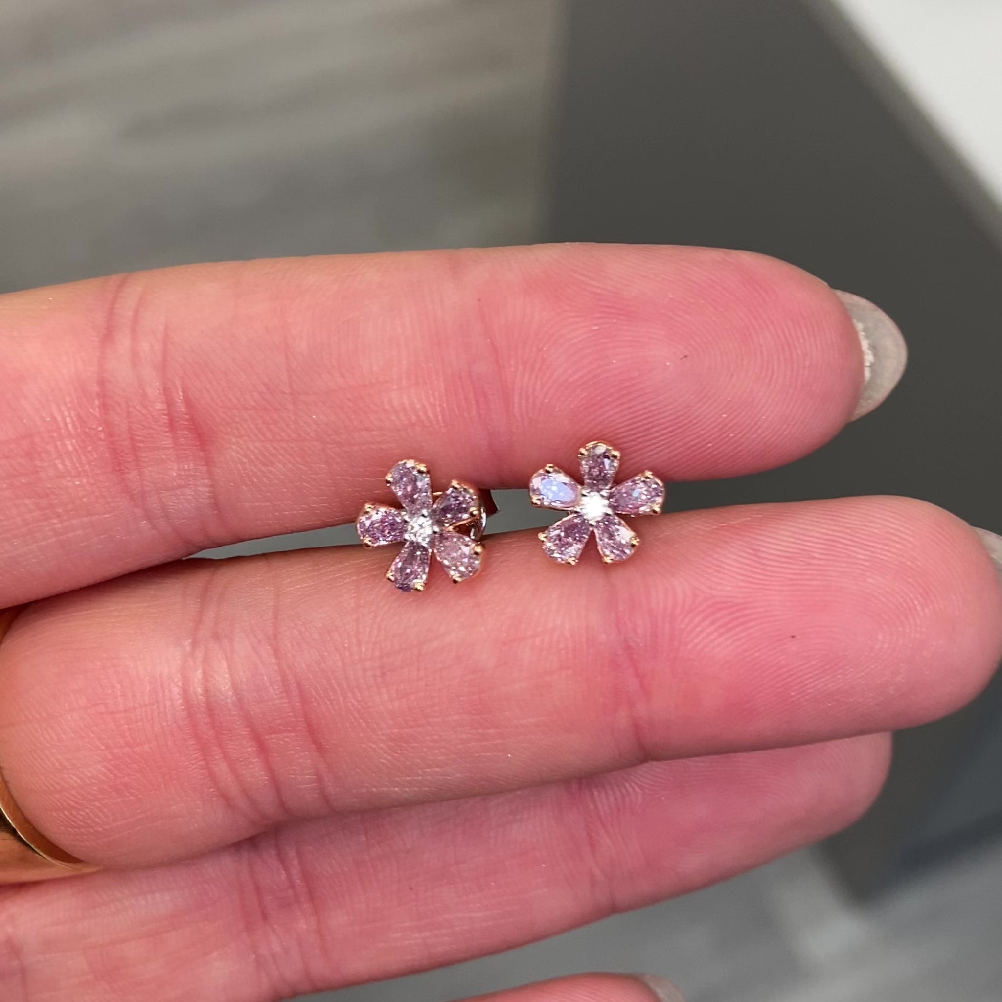 spring flower earrings, pink diamond stud earrings, dainty pink diamond earrings