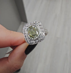 2.09 Carat Center Diamond Fancy Brownish Greenish Yellow Cushion Cut Diamond Handmade in NYC Handcrafted in 18k White Gold