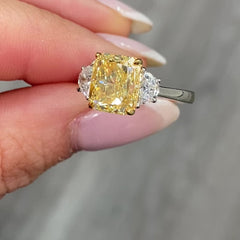 3.29ct Fancy Yellow Elongated Radiant Diamond Three Stone Ring