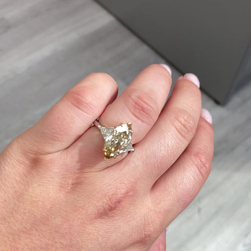 natural champagne diamond marquise cut engagement ring, unique engagement ring with trillion side stones.