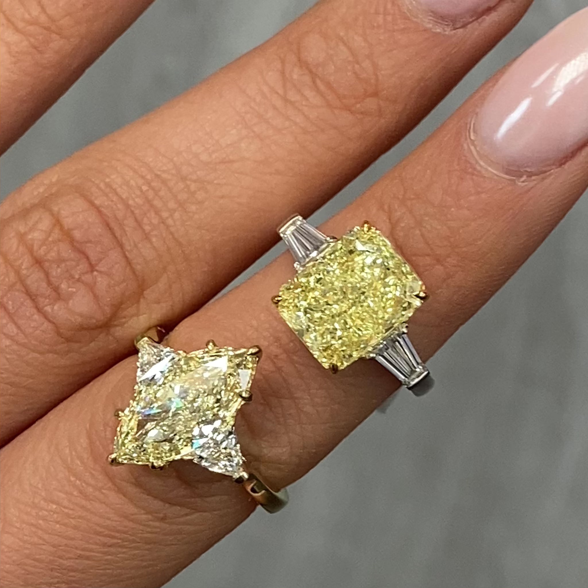 3 Carat Marquise Cut Light Yellow Diamond Three Stone Ring