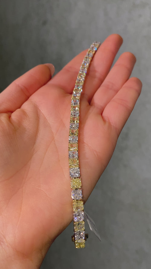 25 Carat Fancy Yellow and White Cushion Diamond Alternating Tennis Bracelet