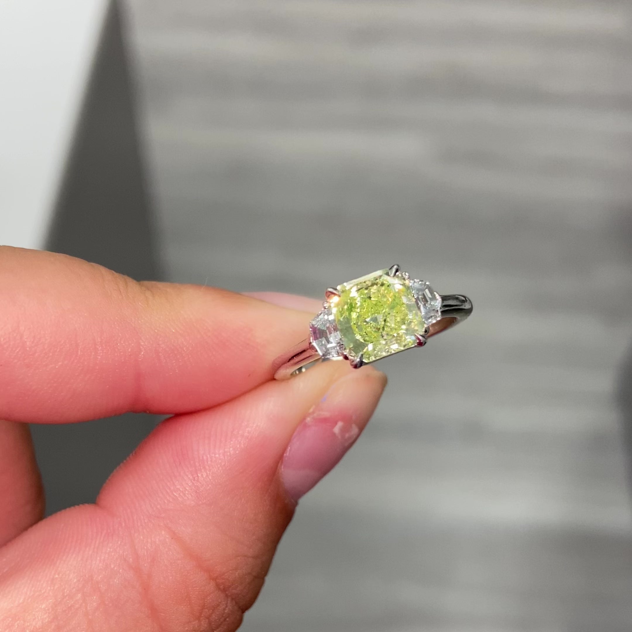 1.67ct GIA Fancy Intense Yellow Green Diamond Ring