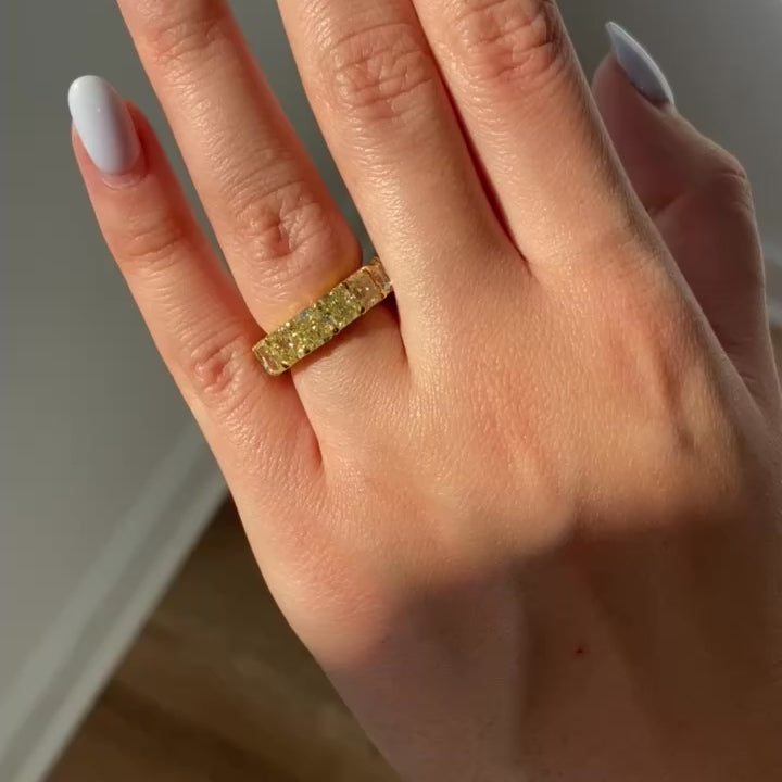 yellow diamonds, yellow diamond ring, yellow diamond eternity band, yellow diamond jewelry, canary yellow diamonds, cushion eternity band