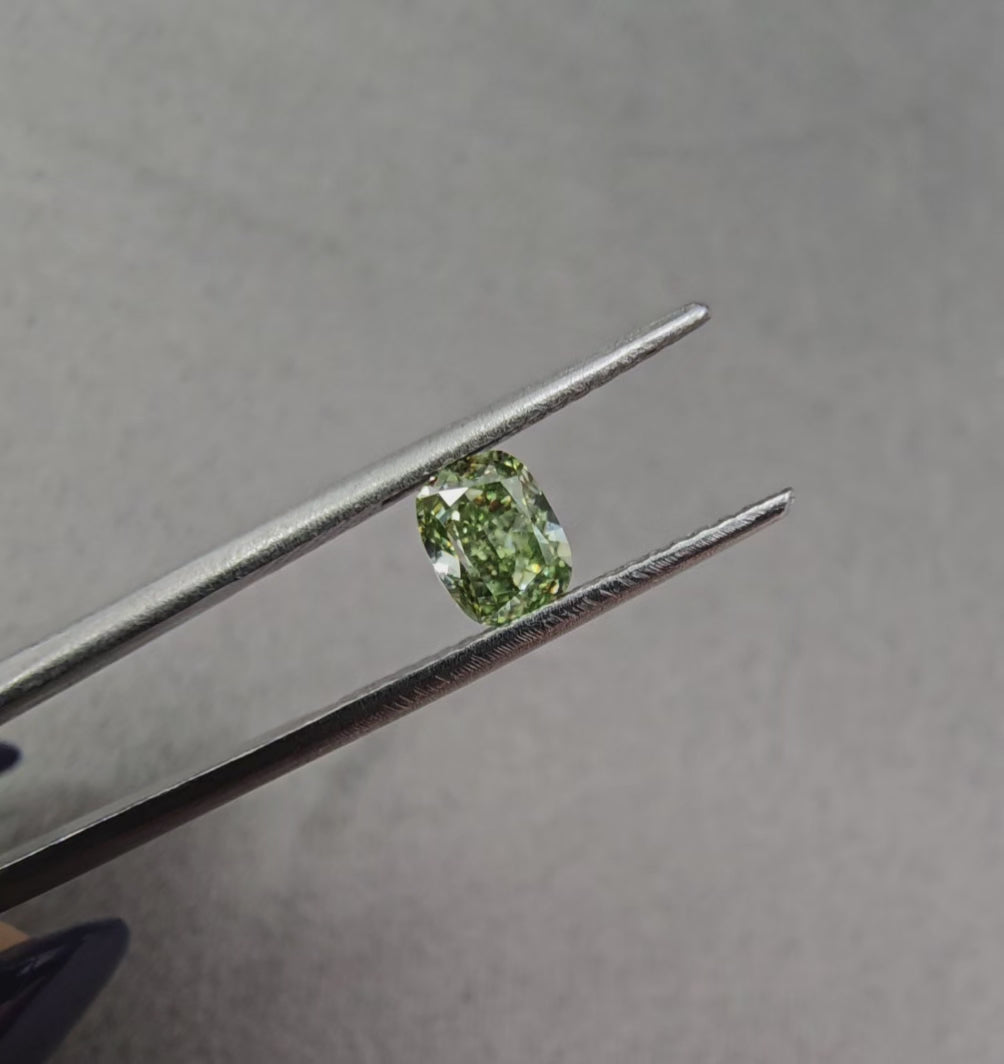 0.66 Carat GIA Fancy Intense Yellowish-Green Cushion Cut Diamond  VS2 Clarity  Super Saturated Deep Green  GIA Certified Diamond 